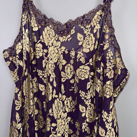 Cacique Chemise Nighty Size 26/28 Purple Gold Floral Lace Semi-Sheer Negligee - Picture 3 of 10